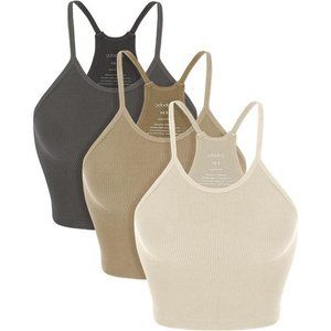 ODODOS Women's Crop 3-Pack Washed Seamless Rib-Knit Camisole Crop Tank Tops
